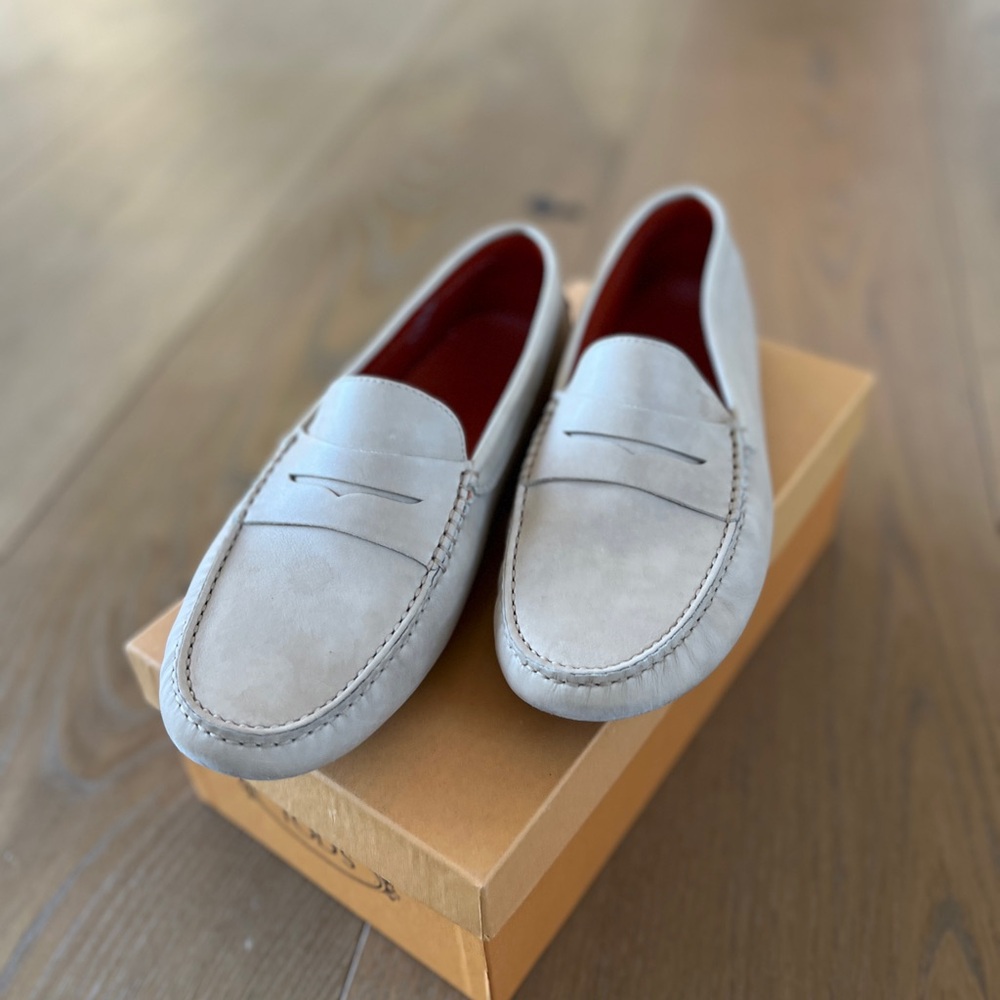 Light Off-White Suede Slip-On Loafers with Penny Vamp